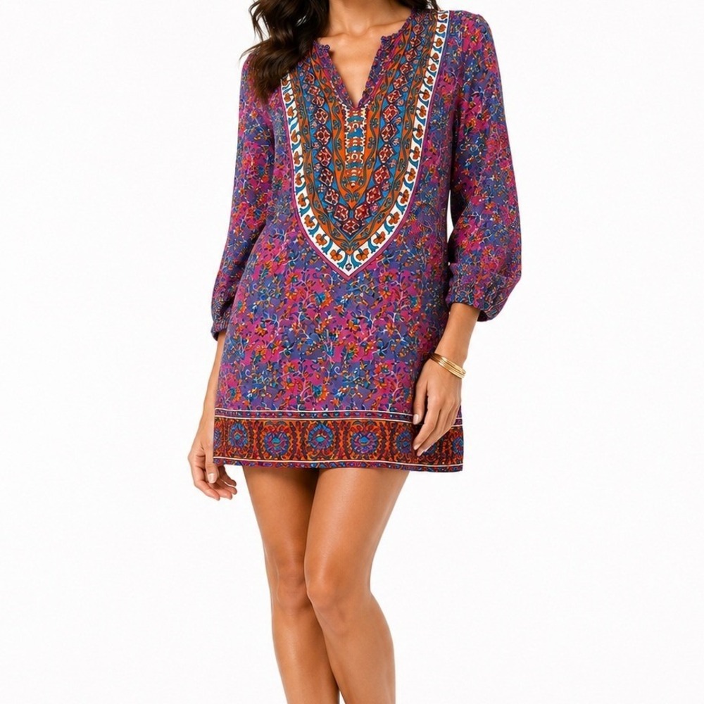Tolani Tunic Dress Boho Silk Blend Mandala Floral Print Purple Orange Small S